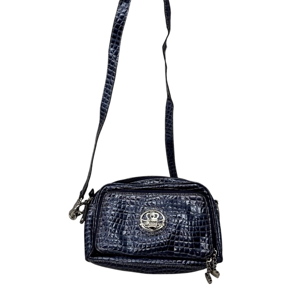 Kathy Van Zeeland Blue Metallic Croc Organizer Crossbody Wallet Bag Y2K Crown